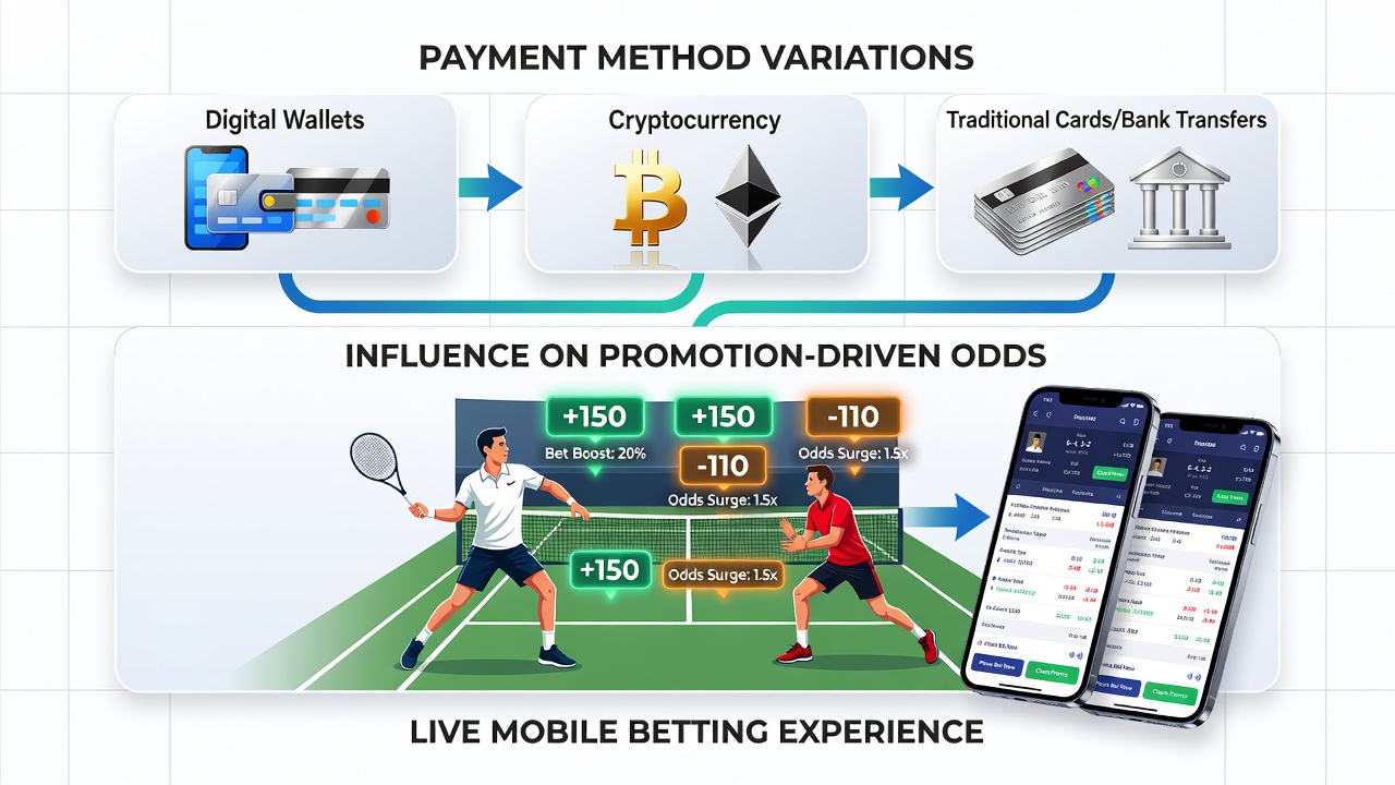 Mobile Oberfläche mit Tennis-Live-Wetten und Zahlungsoptionen